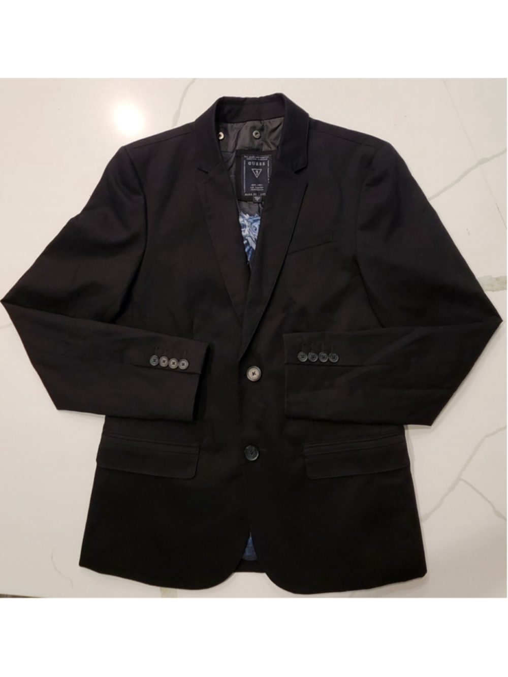 GUESS Mens Blazer Jacket S Black 2-Button Graphic Lining Slim Fit Sport Coat